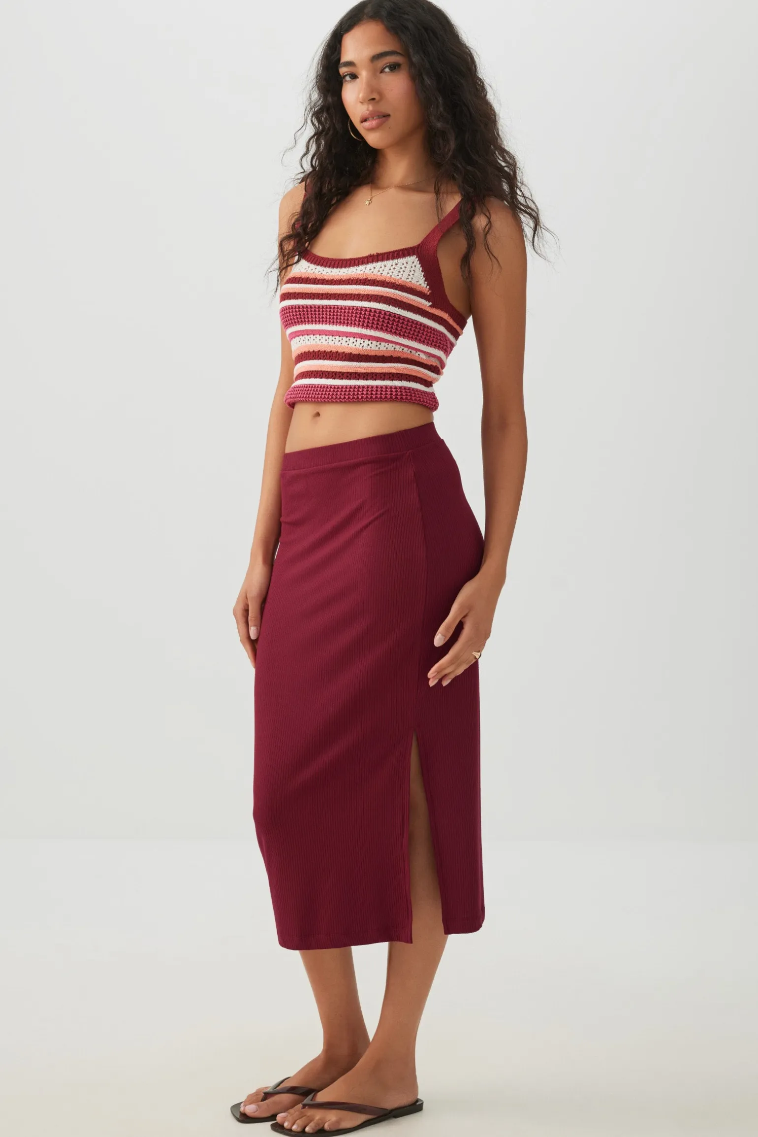 Midi Rib Side Slit Skirt