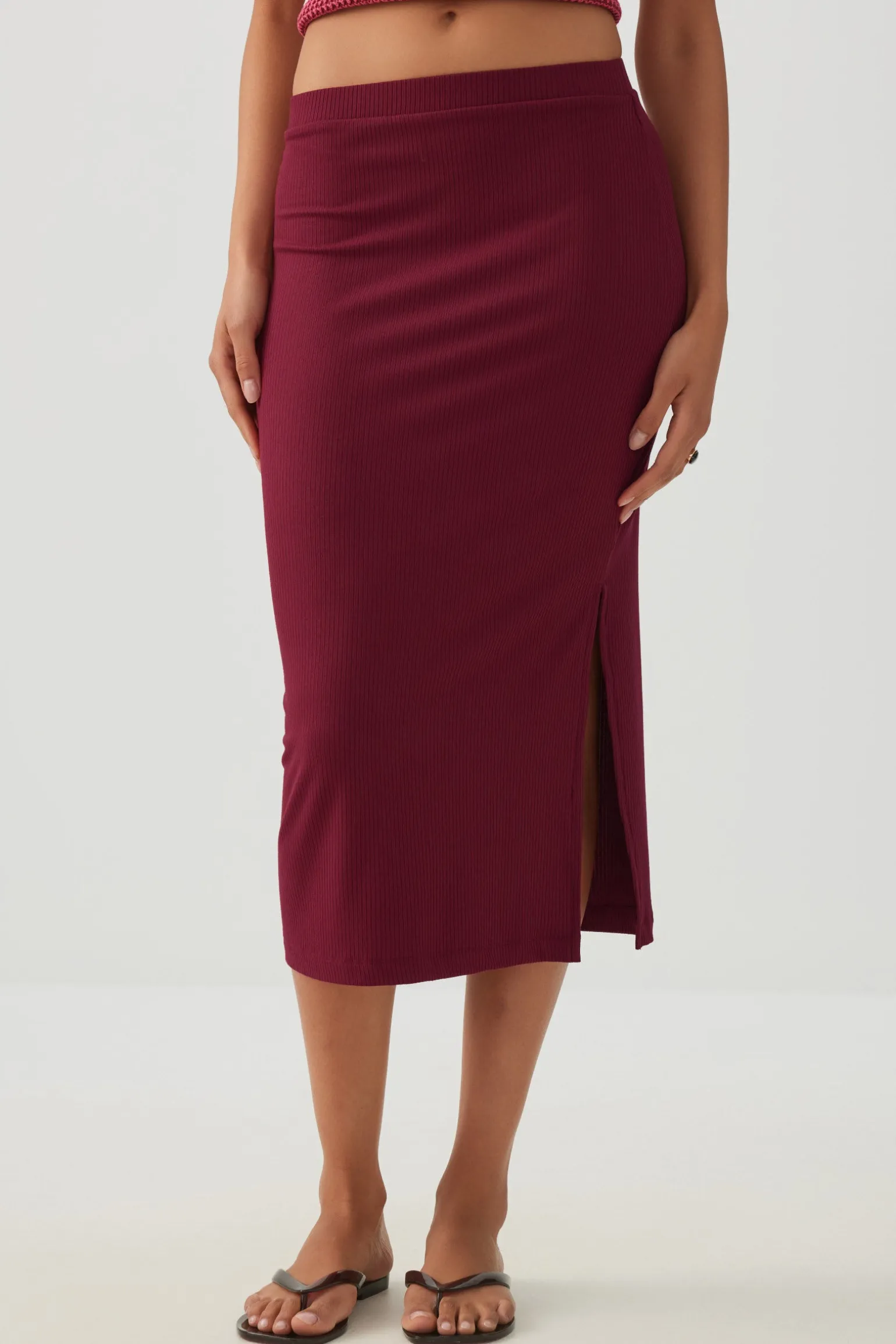 Midi Rib Side Slit Skirt