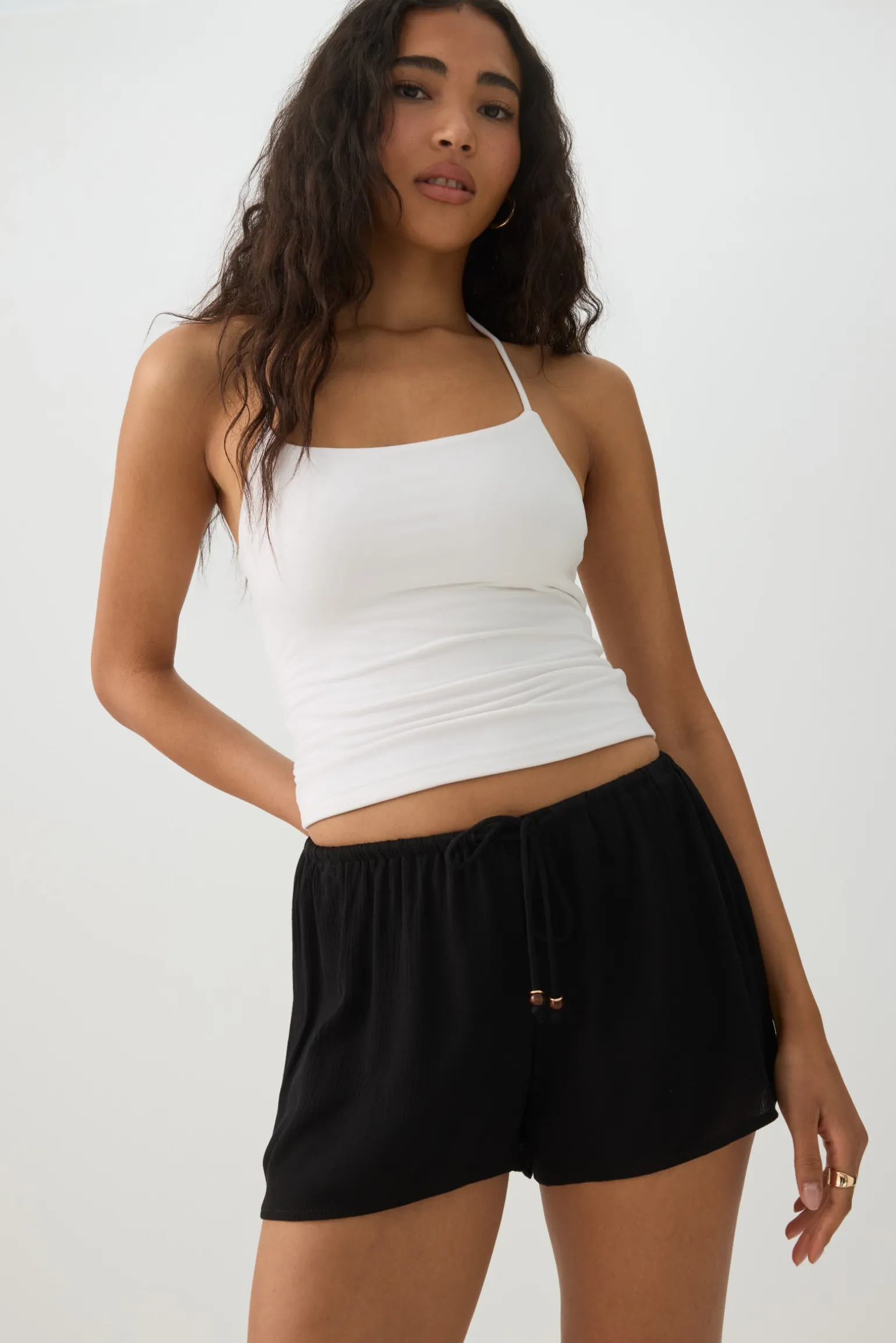 Mid Rise Crinkle Midi Inseam Shorts
