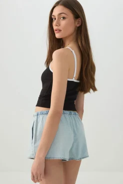 Mid Rise Denim Drawstring Short Shorts
