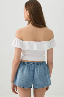 Mid Rise Denim Drawstring Short Shorts