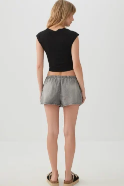 Mid Rise Denim Drawstring Short Shorts