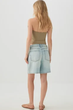 Mid Rise Denim Relaxed Bermuda Shorts