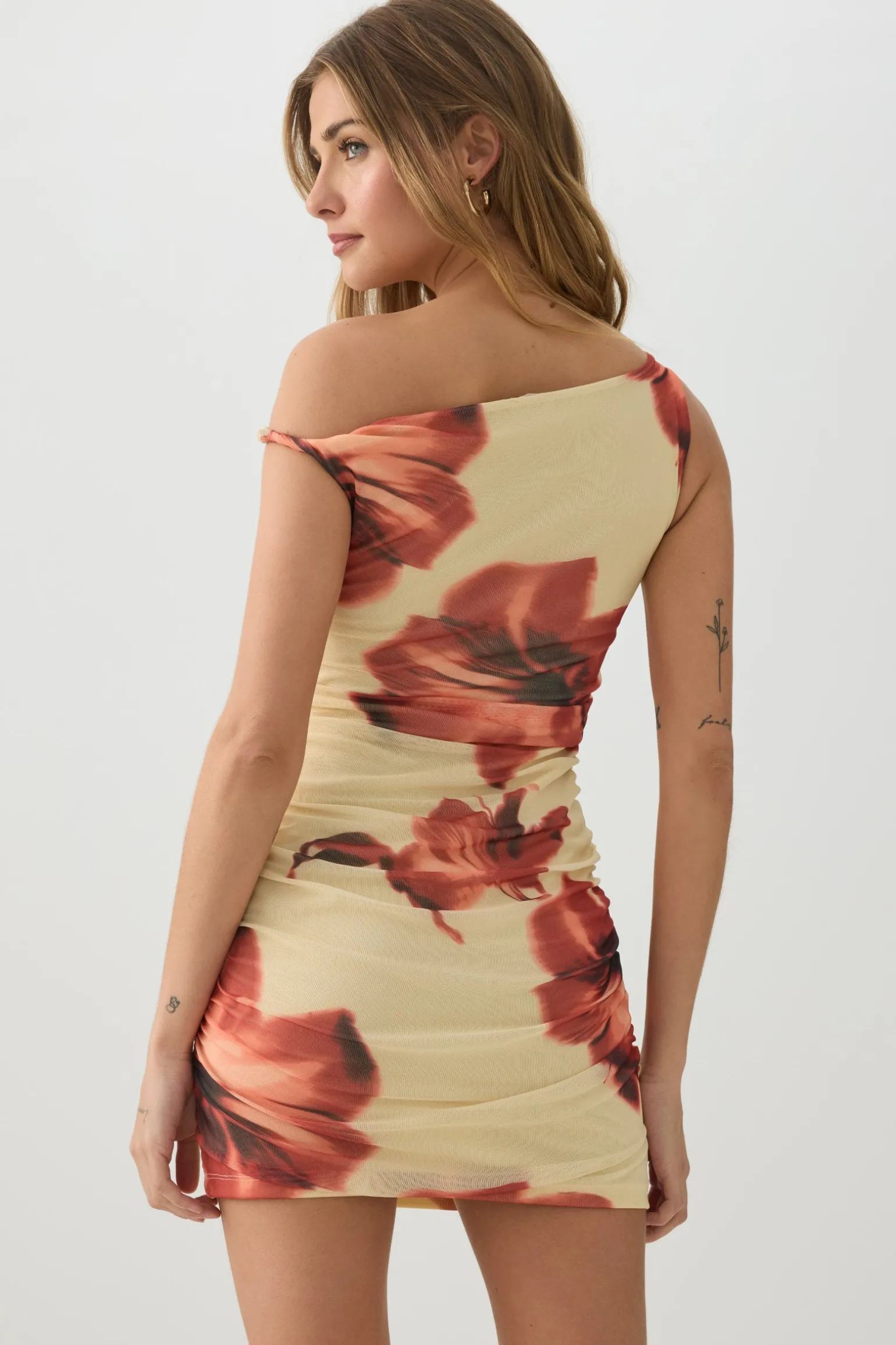 Mini Mesh Asymmetric Off Shoulder Dress