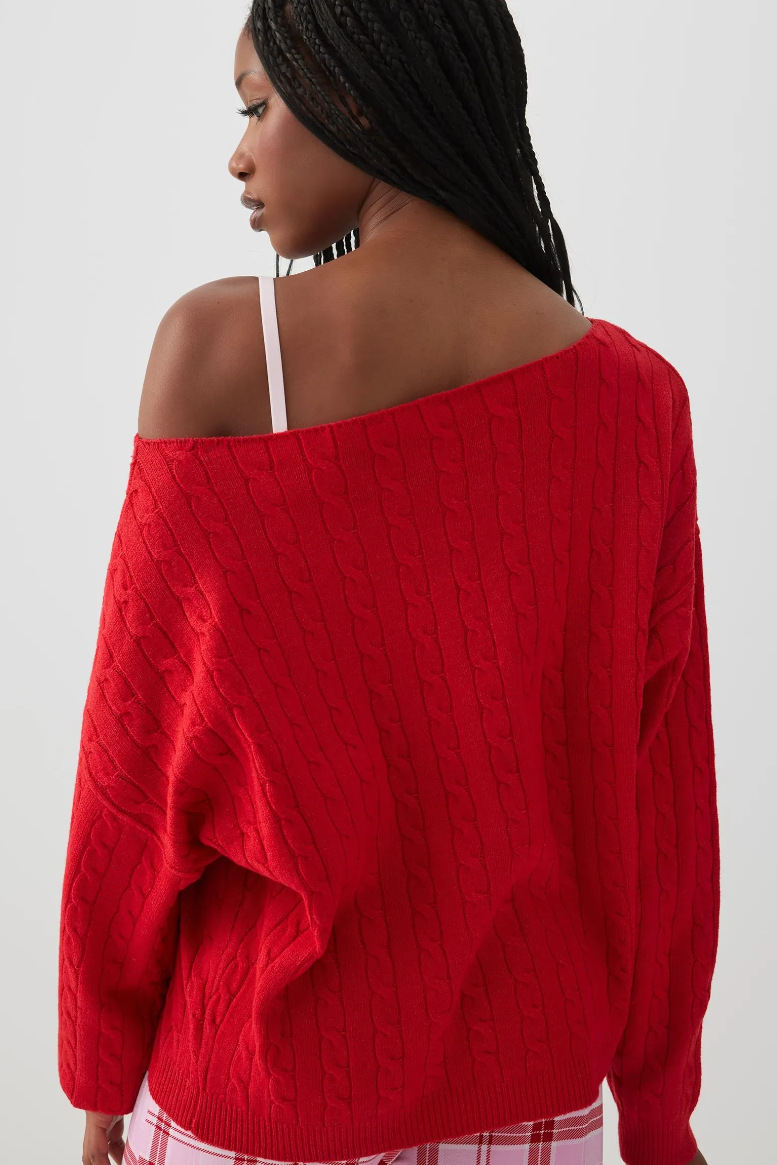 Off Shoulder Cable Knit Lounge Sweater