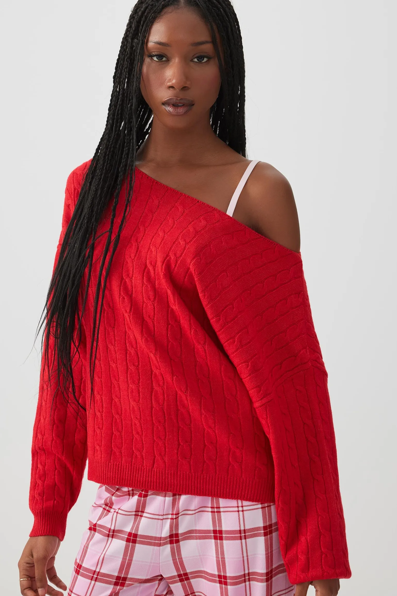 Off Shoulder Cable Knit Lounge Sweater
