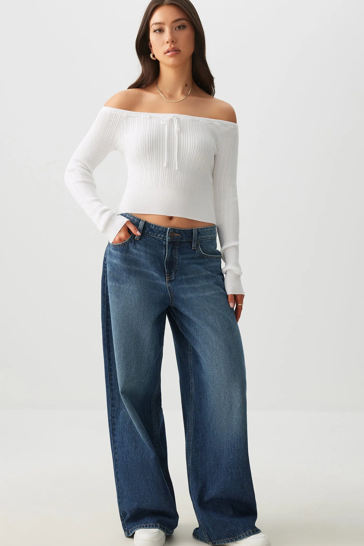 Off Shoulder Cable Knit Sweater