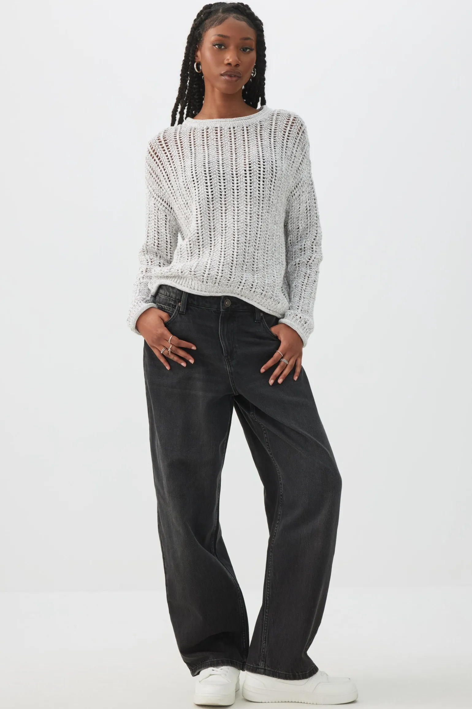 Open Stitch Crew Neck Sweater