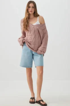 Oversized Cable Knit V-Neck Sweater