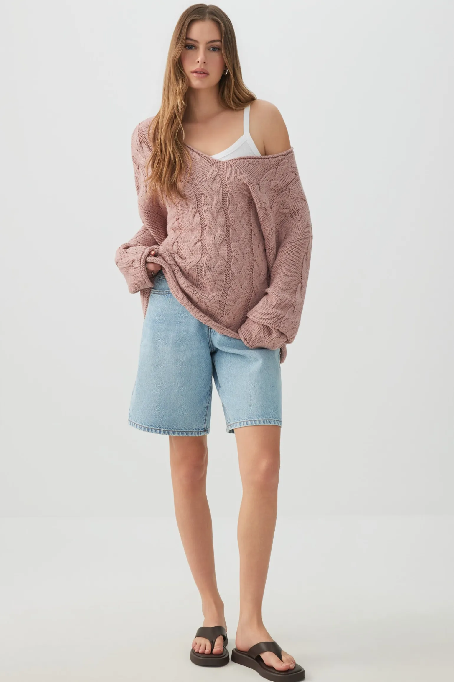 Oversized Cable Knit V-Neck Sweater