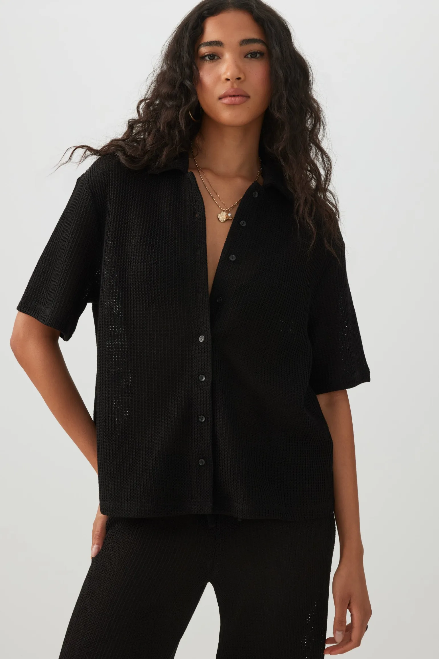 Oversized Crochet Button Up Shirt