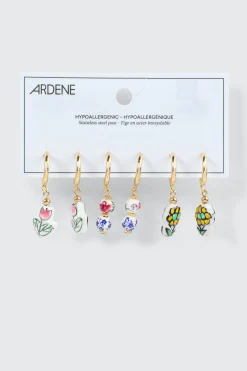 3-Pack Ceramic Flower Charm Hoops Earrings