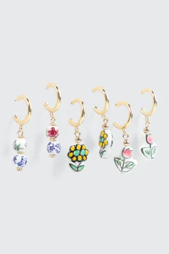 3-Pack Ceramic Flower Charm Hoops Earrings