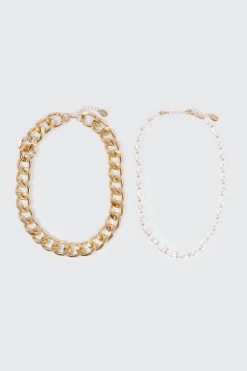 2-Pack Curb Chain & Pearl Necklaces