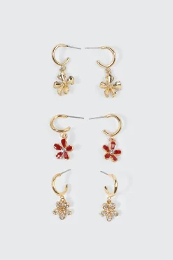 3-Pack Flower Charm Hoop Earrings