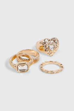 4-Pack Heart & Crystal Rings