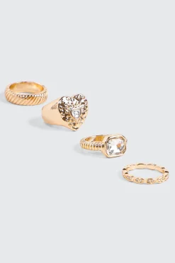 4-Pack Heart & Crystal Rings
