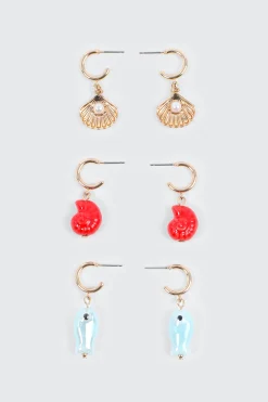3-Pack Shell & Fish Charm Hoops