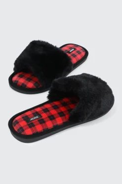 Plaid Faux Fur Slippers