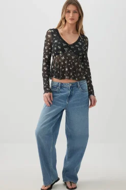 Printed Mesh V-Neck Blouse
