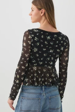 Printed Mesh V-Neck Blouse