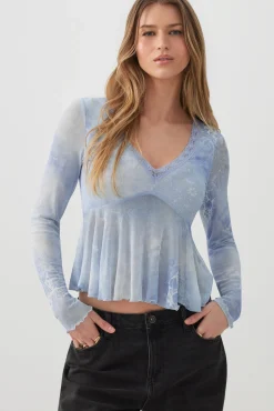 Printed Mesh V-Neck Blouse