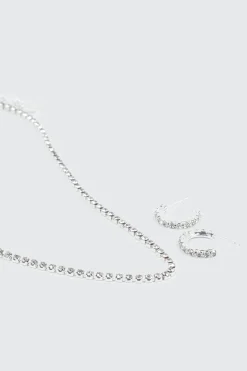 Rhinestone Tennis Necklace & Earrings