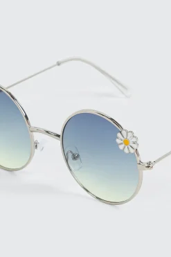 Round Metal Sunglasses with Daisy Details