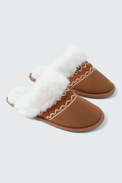 Slippers with Faux Fur Trim and Embroidery
