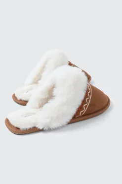 Slippers with Faux Fur Trim and Embroidery