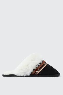 Slippers with Faux Fur Trim and Embroidery