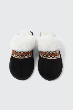 Slippers with Faux Fur Trim and Embroidery