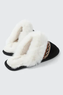 Slippers with Faux Fur Trim and Embroidery
