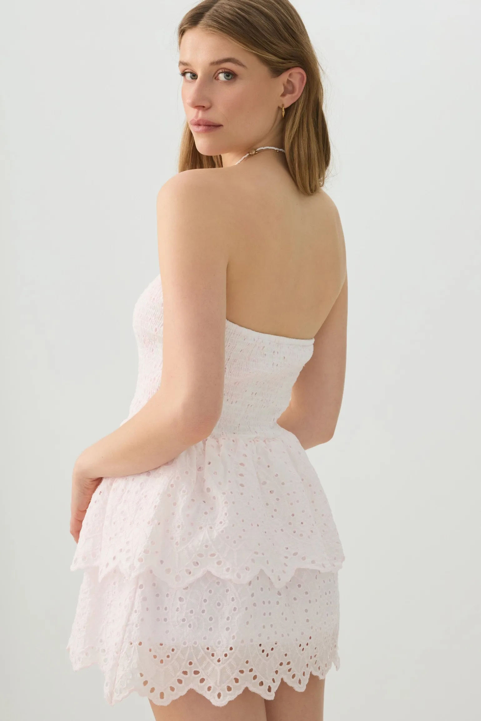 Smocked Eyelet Mini Dress