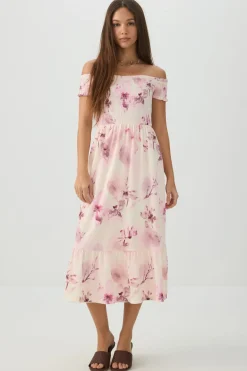 Smocked Off Shoulder Midi Dress