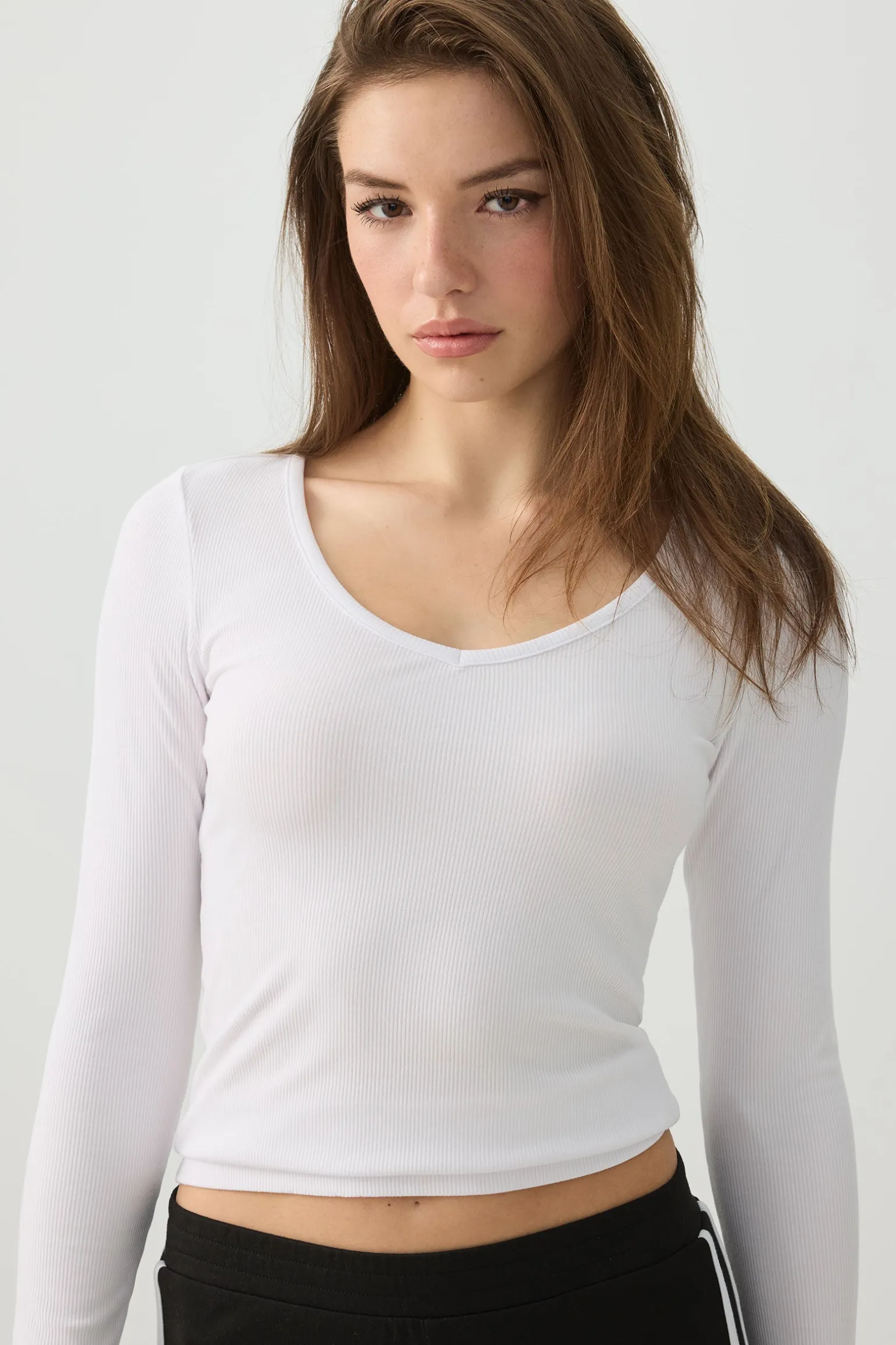 Stretch Rib Scoop Neck Long Sleeve Top