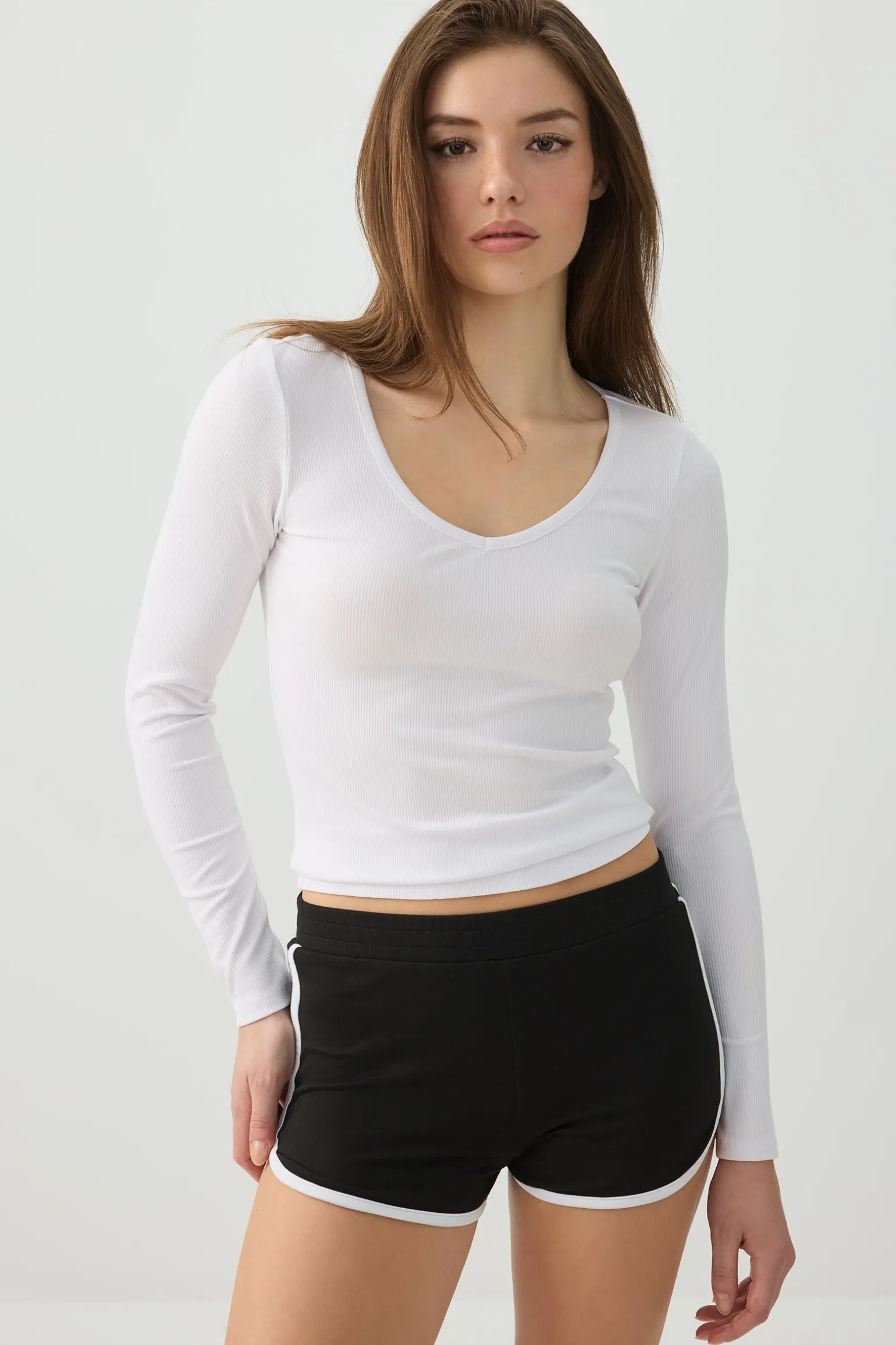 Stretch Rib Scoop Neck Long Sleeve Top