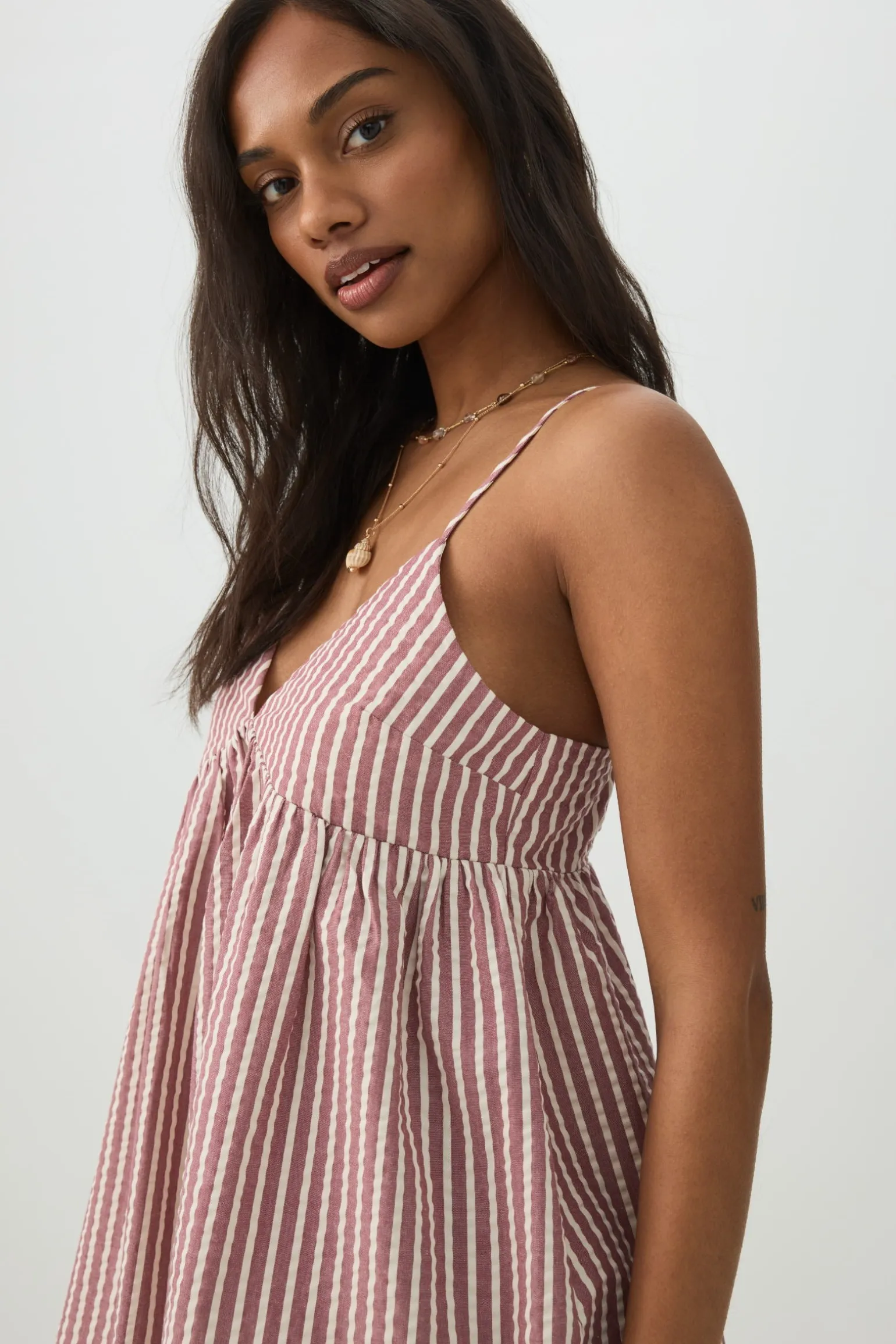 Striped Mini Babydoll V-Neck Dress