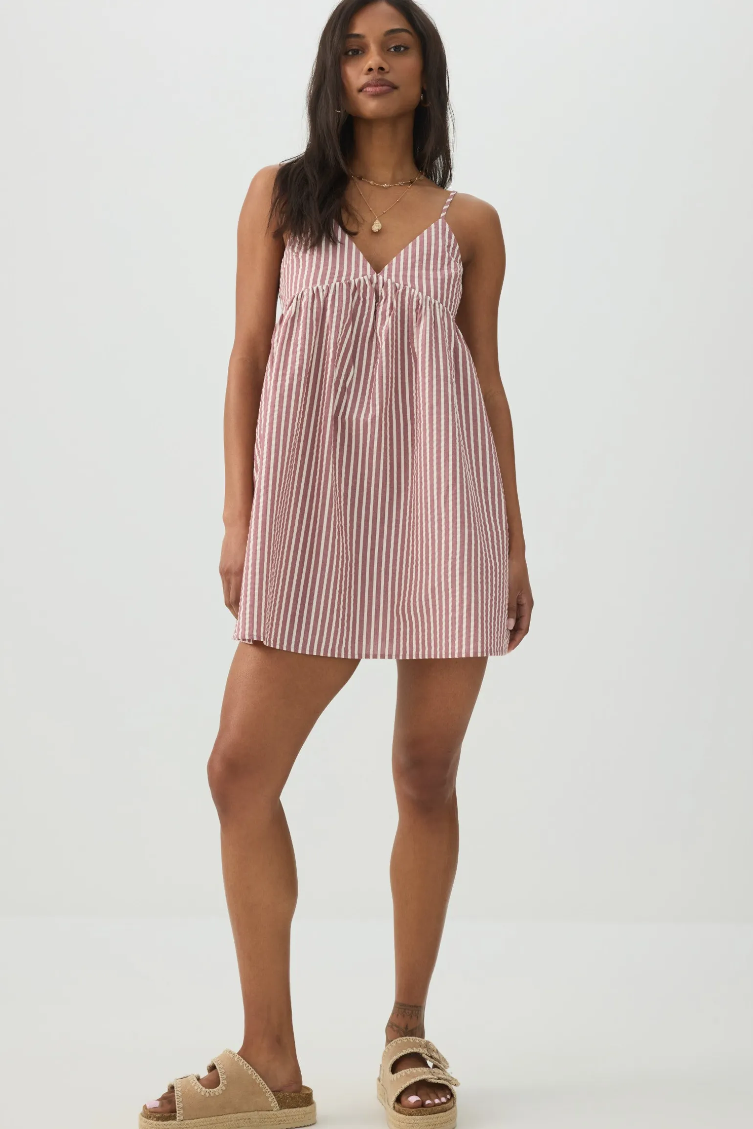 Striped Mini Babydoll V-Neck Dress