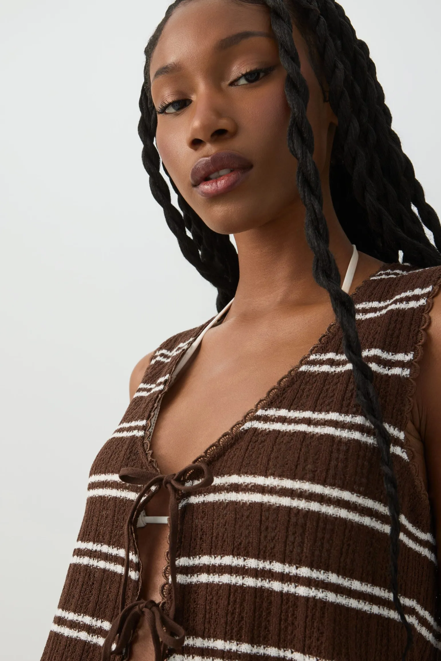 Striped Tie Front Sweater Tank