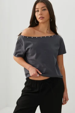 Studded Off Shoulder T-Shirt