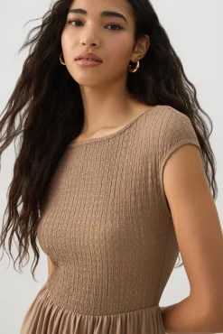 Textured Knit Cap Sleeve Midi Dress