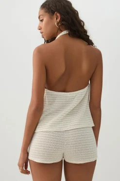 Textured Knit Tie Front Halter Tank Top