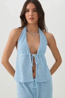 Textured Knit Tie Front Halter Tank Top