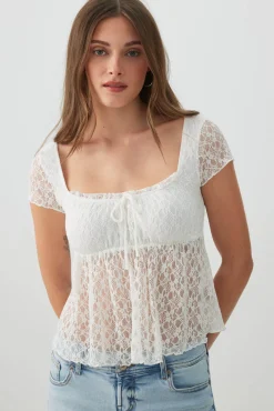 Textured Lace Short Sleeve Peasant Top