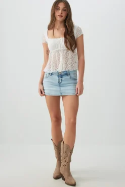 Textured Lace Short Sleeve Peasant Top