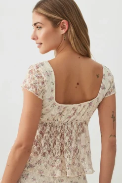 Textured Lace Short Sleeve Peasant Top