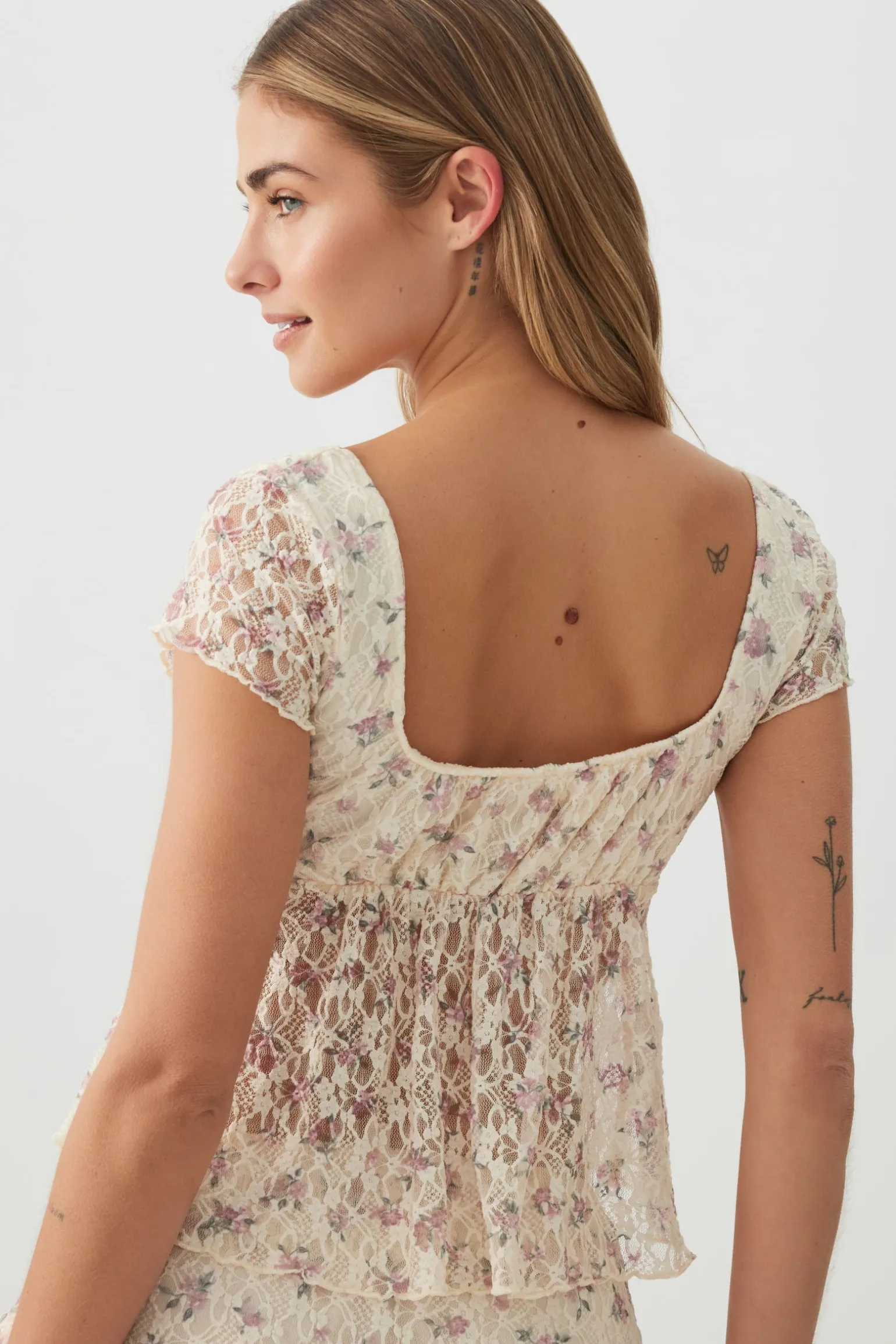 Textured Lace Short Sleeve Peasant Top