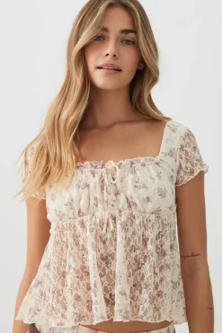 Textured Lace Short Sleeve Peasant Top