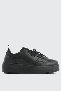 Thick Sole Court Sneakers with Double Lace Detail